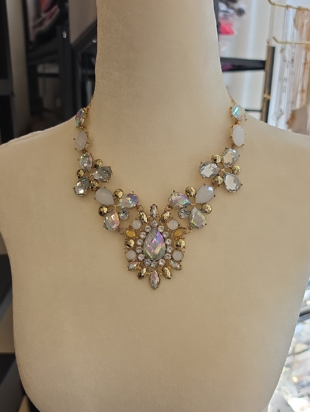 Gold Statement Necklace with Iridescent and White Stones